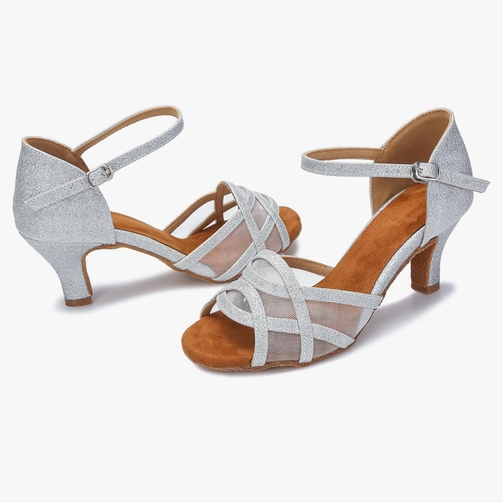 Akanu Latin Salsa Ballroom Dance Heels Silver Mesh‎ Strappy 2.5in Size 8.5 New